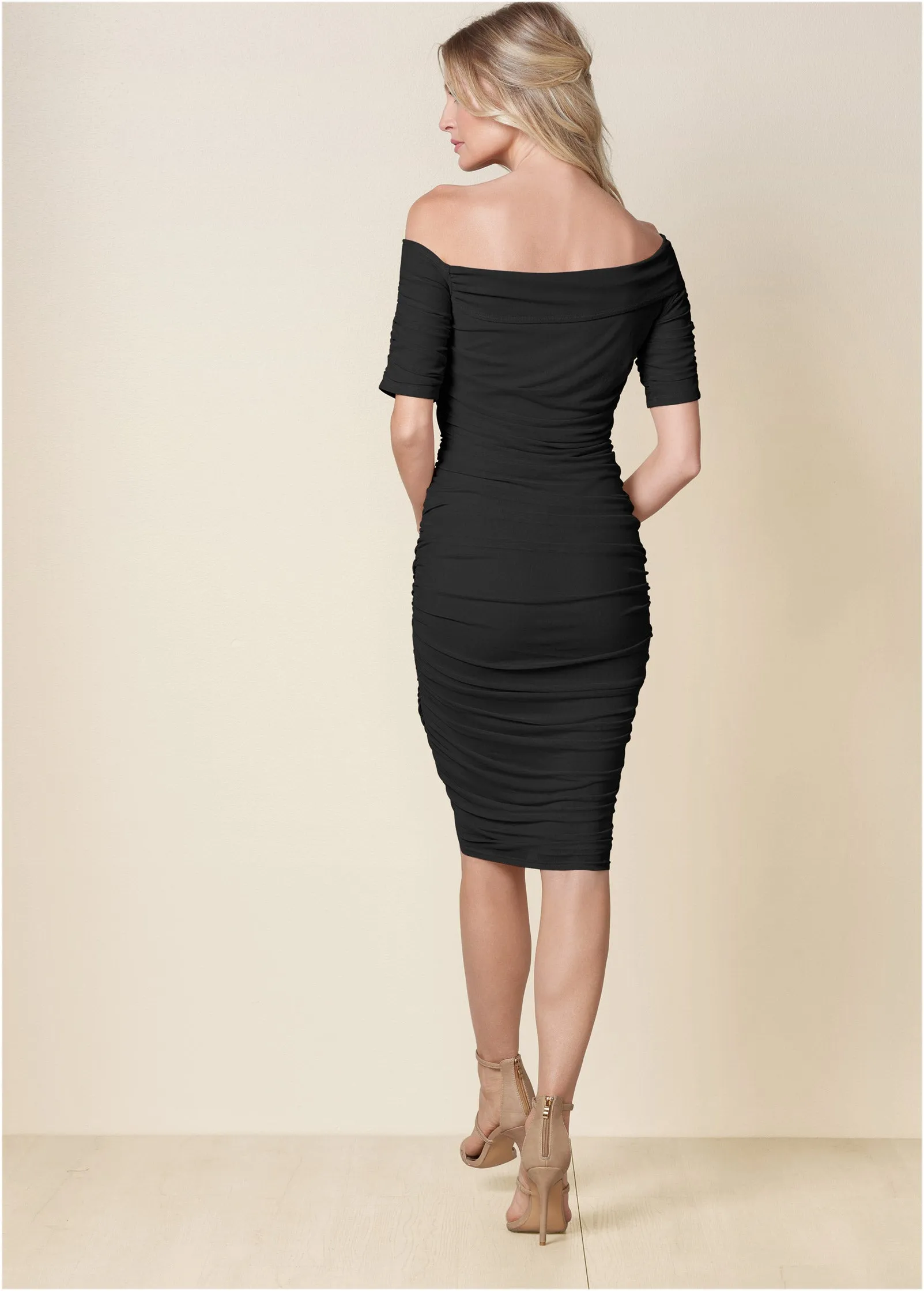 Ruched Mesh Bodycon Dress - Black