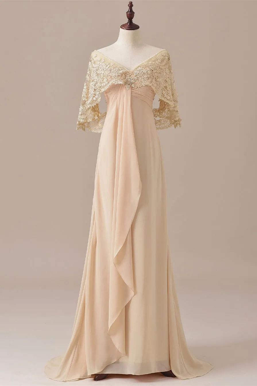 Ruffles Chiffon Long Mother of the Bride Dress with Lace Cape