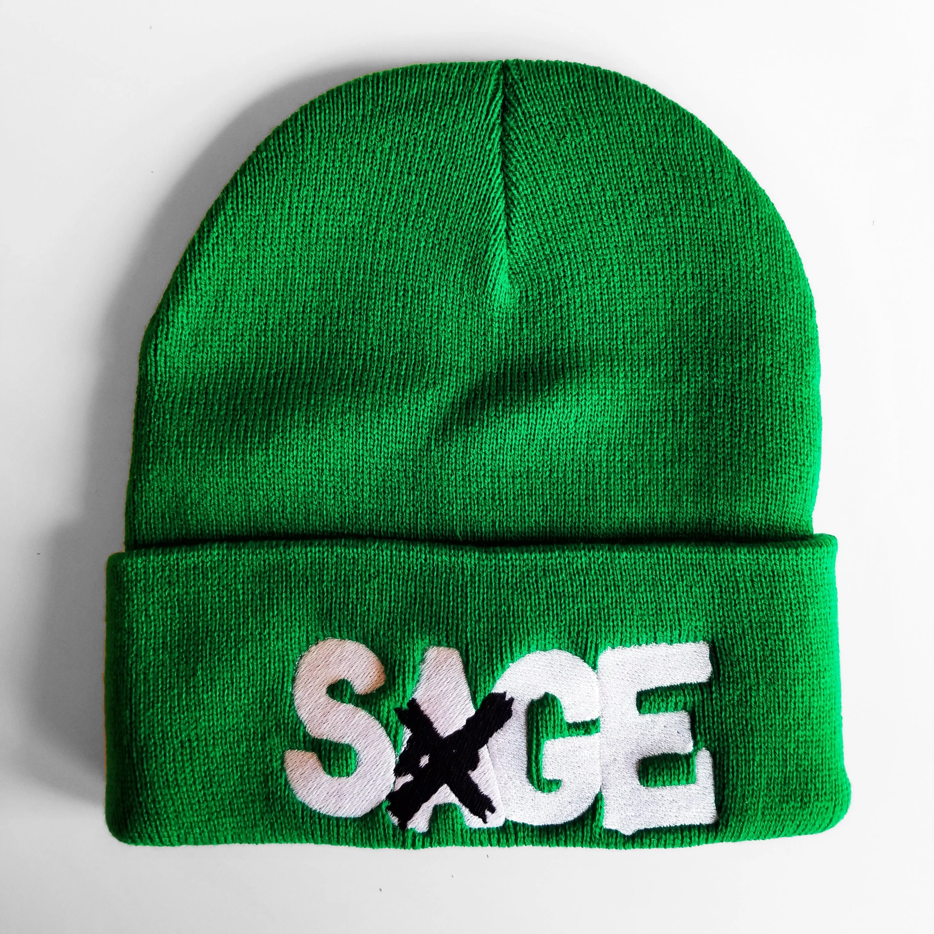 SAGE FRANCIS 'A Healthy Distrust' WHITE-on-GREEN Folded Brim Knit Hat