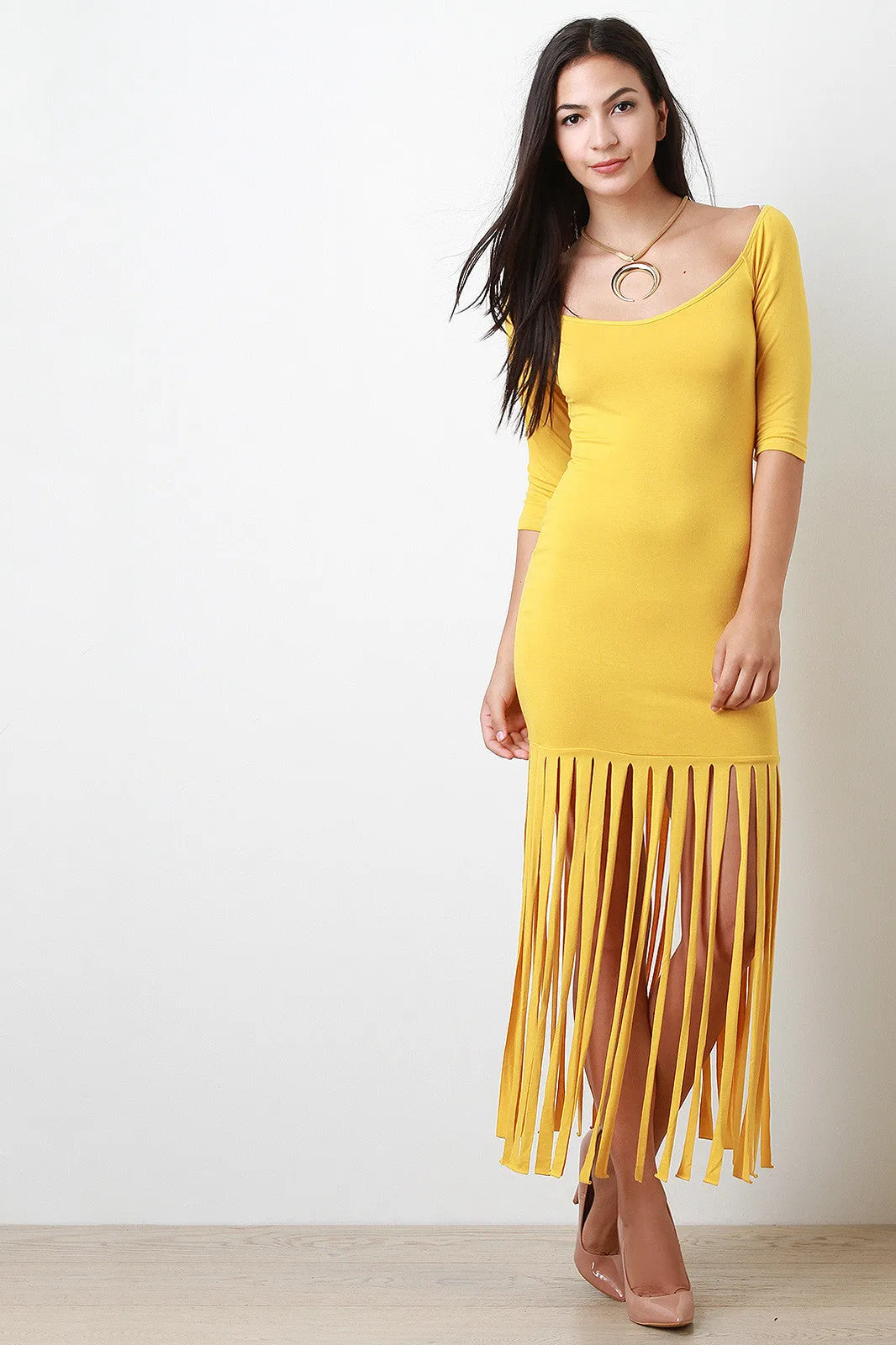 Scoop Boat Neckline Fringe Dress