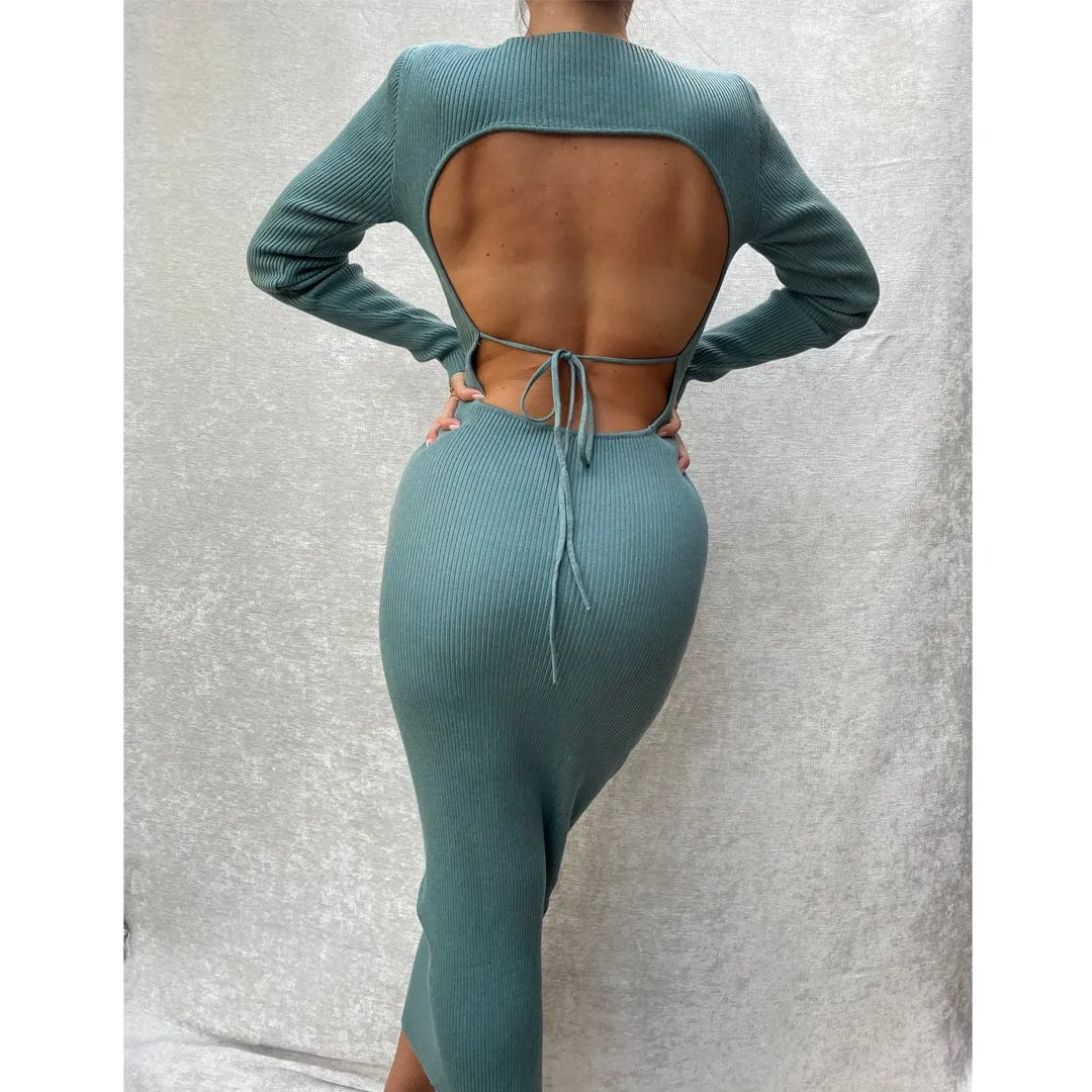 SEKHMET Teal Long Sleeve Bodycon Open Back Midi Dress