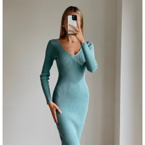 SEKHMET Teal Long Sleeve Bodycon Open Back Midi Dress