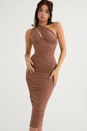 Sexy Cutout One Shoulder Ruched Bodycon Mesh Corset Midi Dress - Brown