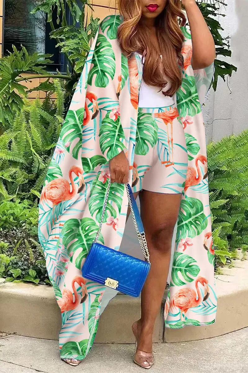 Sexy White Gold & Black Italian Print Kimono & Shorts Set