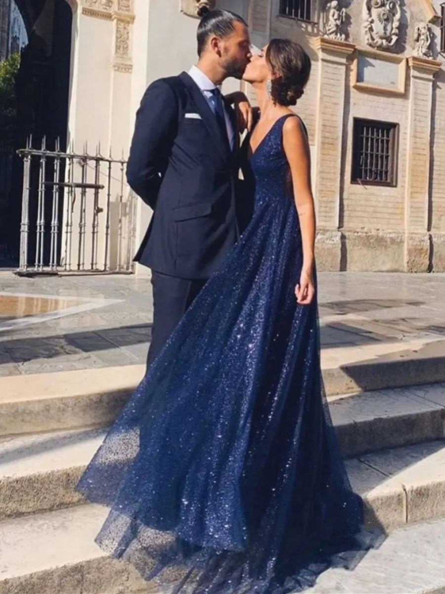 Shiny A Line V Neck and V Back Navy Blue Long Prom, Sparkly V Neck Backless Navy Blue Formal Graduation Evening