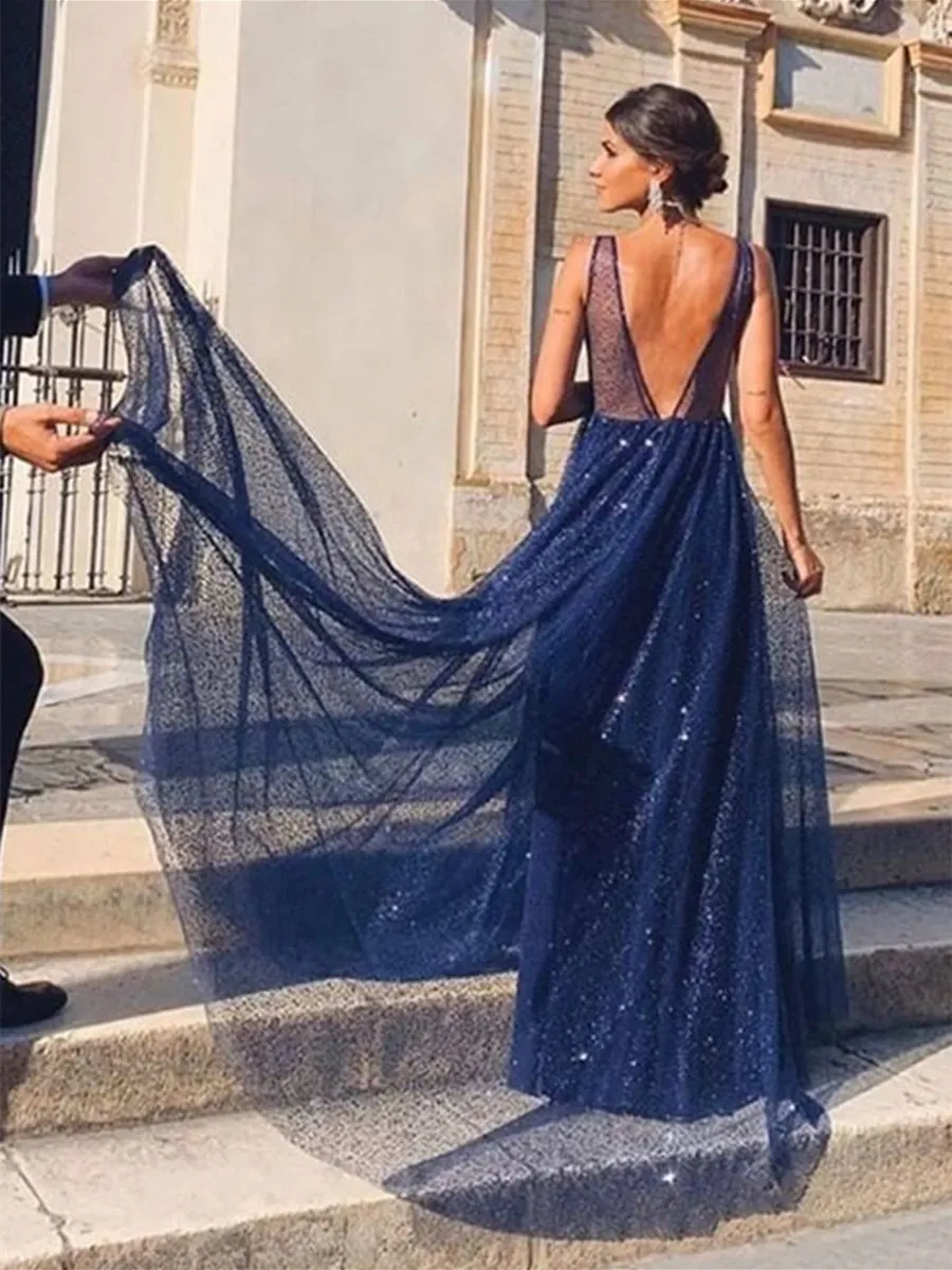 Shiny A Line V Neck and V Back Navy Blue Long Prom, Sparkly V Neck Backless Navy Blue Formal Graduation Evening