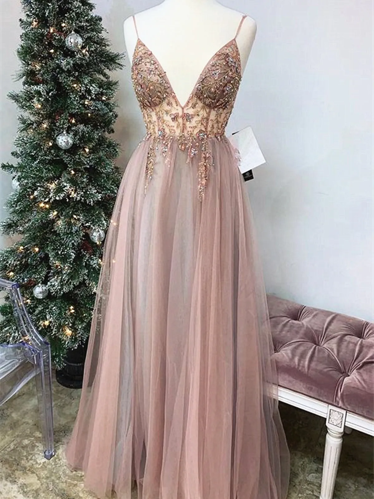 Shiny A Line V Neck Champagne Beaded Long Prom Dresses, Champagne Long Formal Evening Dresses with