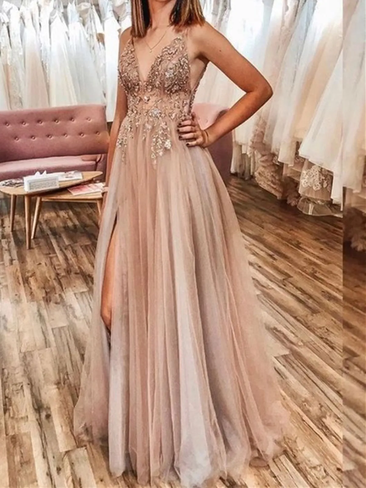 Shiny A Line V Neck Champagne Beaded Long Prom Dresses, Champagne Long Formal Evening Dresses with