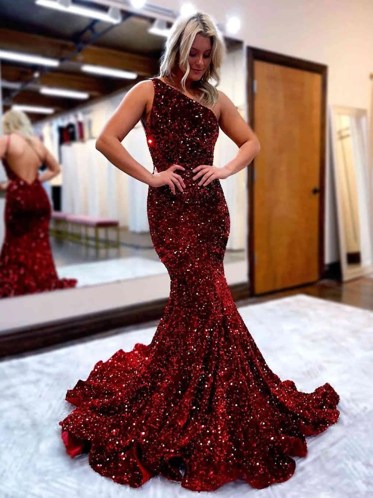 Shiny Sequins One Shoulder Mermaid Backless Burgundy Long Prom Dresses, Mermaid Burgundy Formal Dresses, Burgundy Evening Dresses