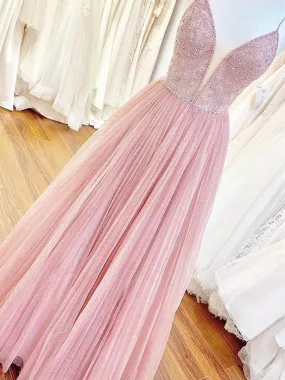 Shiny V Neck Backless Beaded Pink Long Prom, Backless Pink Formal Graduation Evening