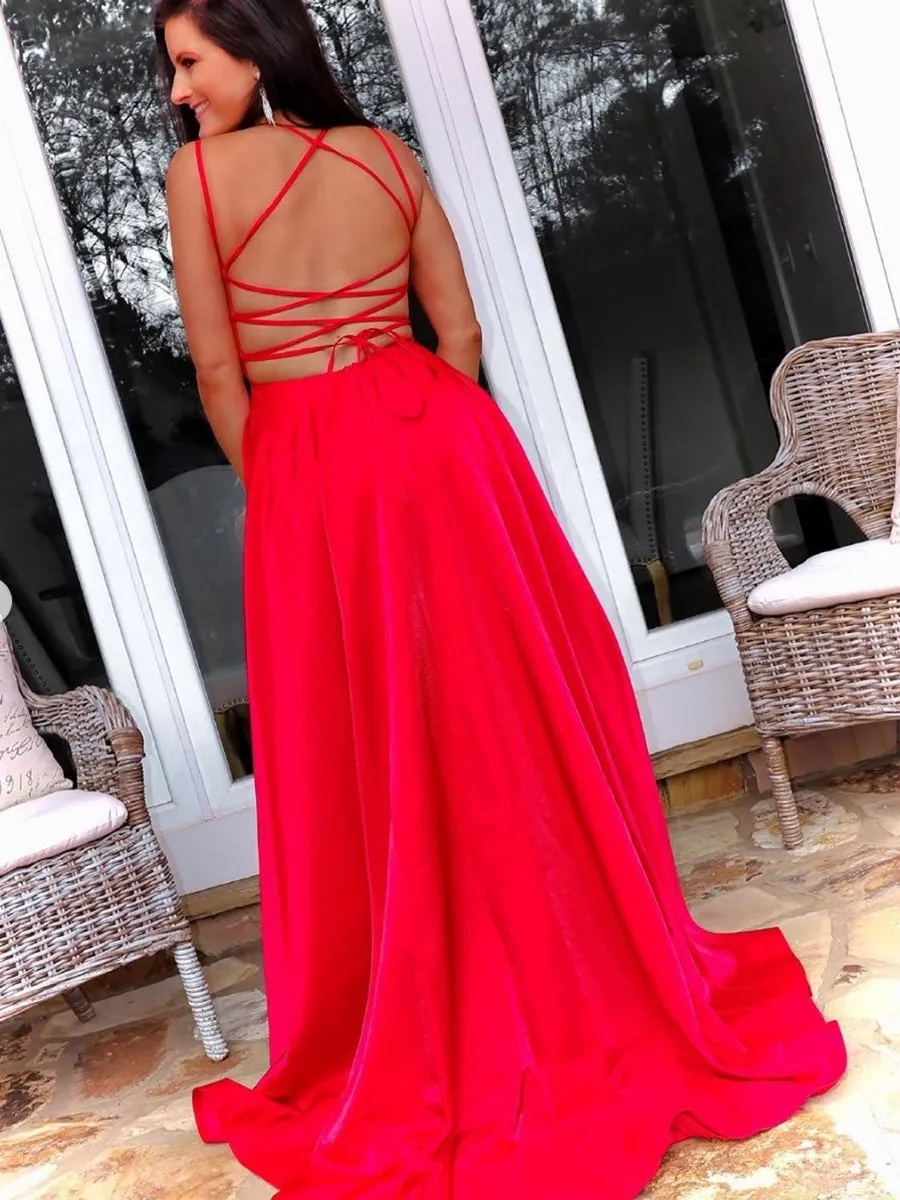 Simple Open Back Red Long Prom Dresses with Cross Back, Red Formal Graduation Evening Dresses with High