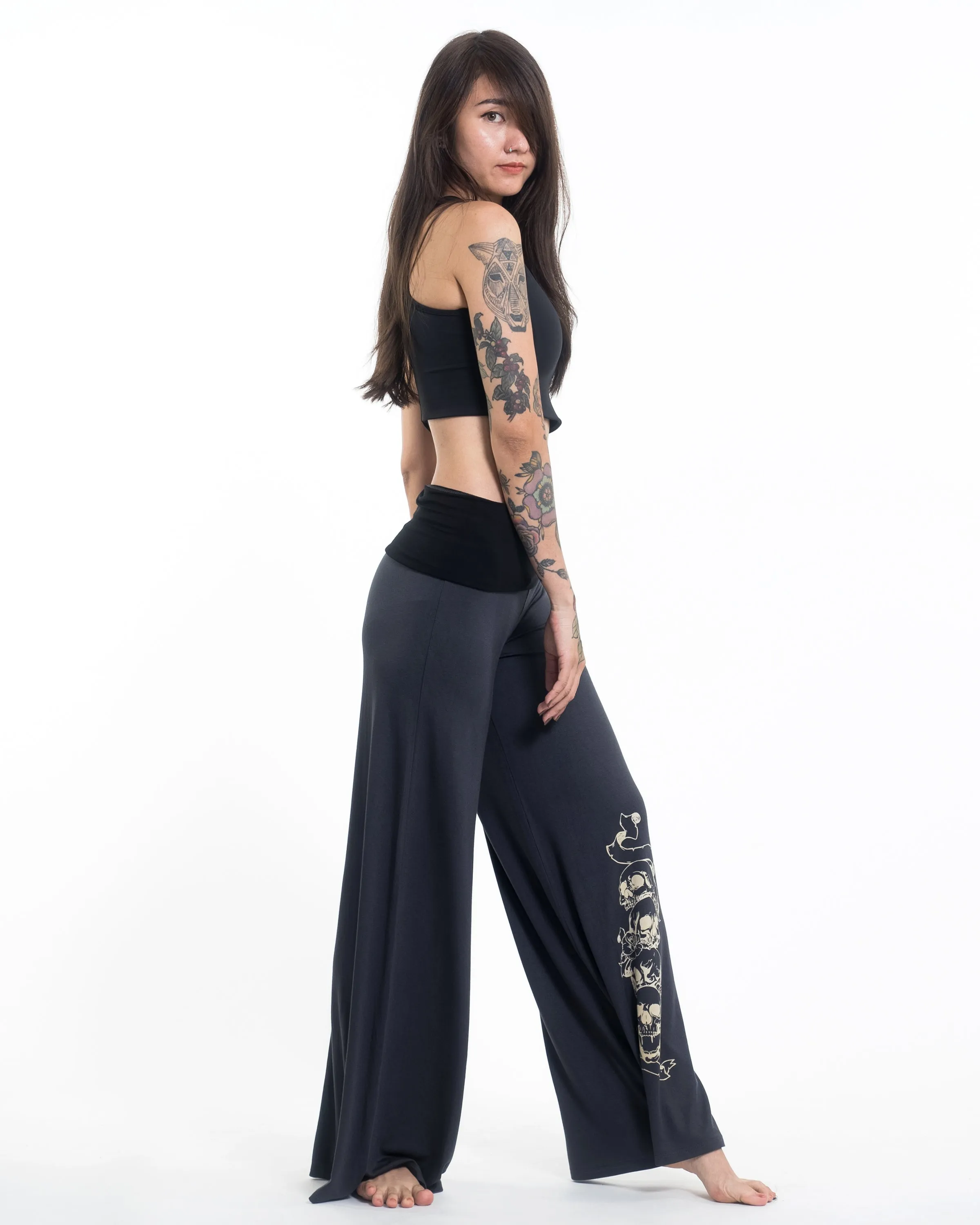 Skulls Spandex Wide Leg Palazzo Pants in Gray