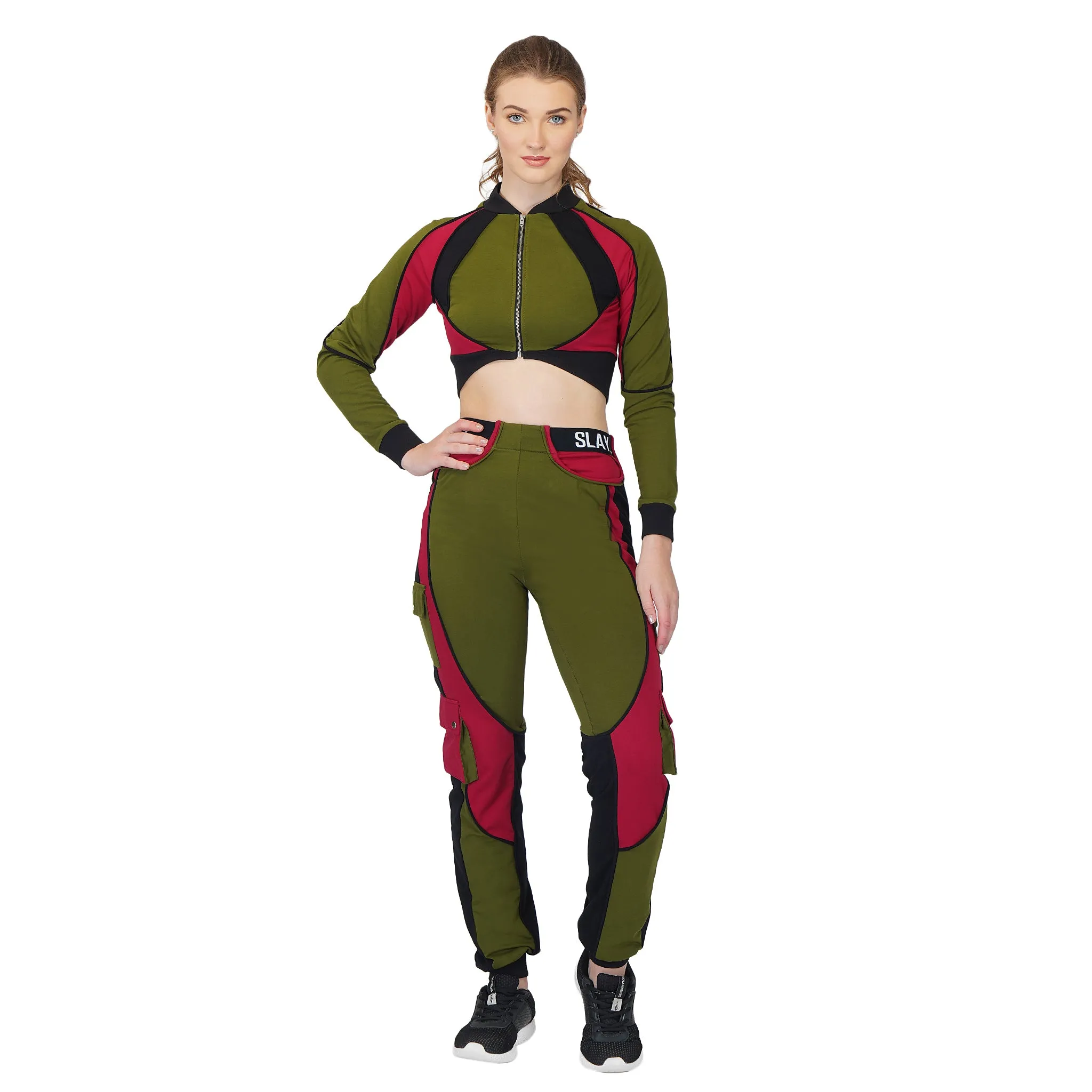 SLAY. Women's Activewear Tracksuit Green Red Black Colorblock Crop Jacket & Cargo Pants Co-ord Set