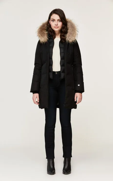 SOIA & KYO WOMENS CHRISTY BRUSHED DOWN COAT WITH NATURAL FUR BLACK