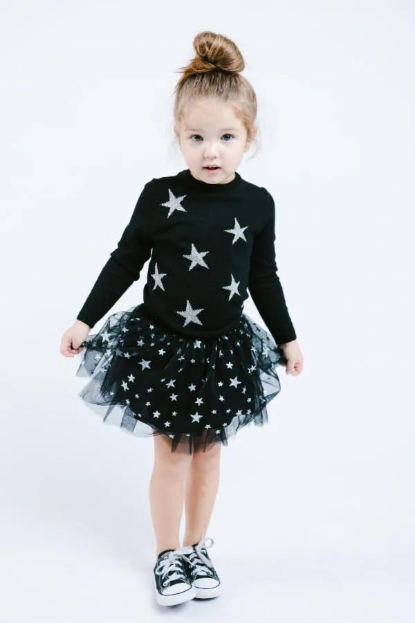 Star Glittered Mesh Tutu Skirt - Black/ Silver