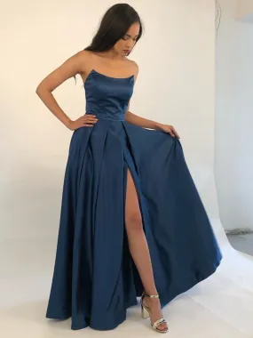 Strapless Burgundy/Blue Satin Long Prom with Side Slit, Strapless Burgundy/Blue Formal Graduation Evening