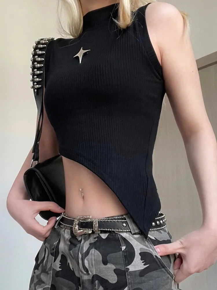 Streetwear Asymmetrical Bodycon Tanks Camis Metal Star Basic Vest Knitted Solid Summer Tops Cropped Sleeveless Tees