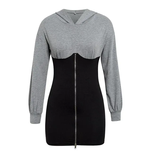 Streetwear Zipper Hoodie Patchwork Batwing Sleeve Bodycon Office Dress