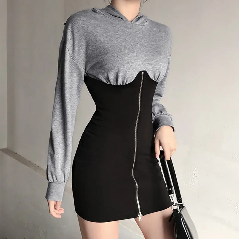 Streetwear Zipper Hoodie Patchwork Batwing Sleeve Bodycon Office Dress