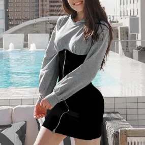 Streetwear Zipper Hoodie Patchwork Batwing Sleeve Bodycon Office Dress