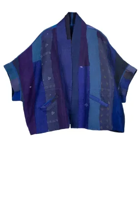 STRIPE AND CHECK COTTON SILK PATCH KANTHA MINI PONCHO - ss4060-blu -