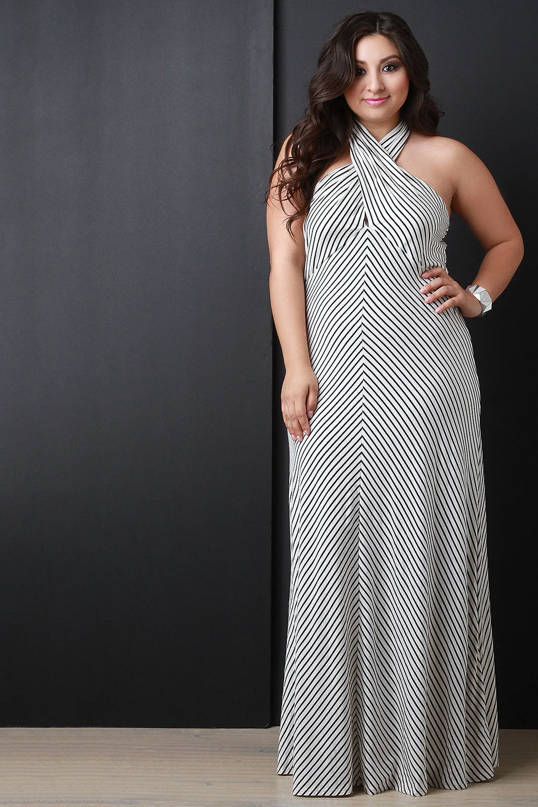 Stripe Criss-Cross Neck Maxi Dress