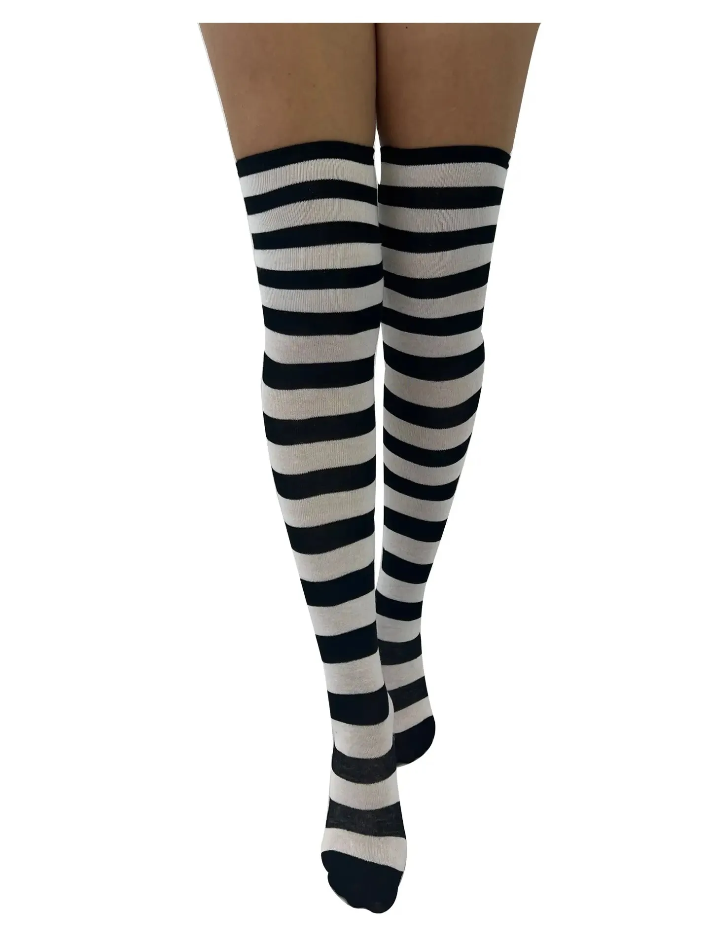 Striped Over the Knee Socks in White and Black - With Cat Paw