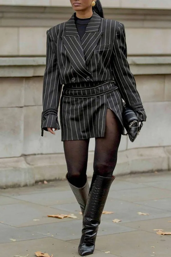 Stylish Pinstriped Blazer & Skirt Set