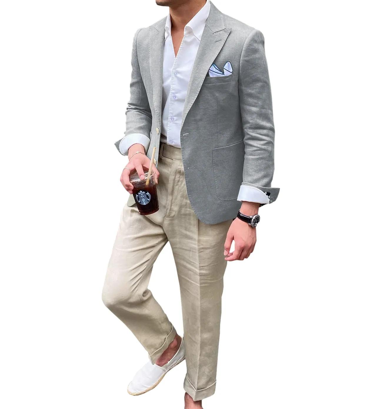 Summer Linen Men's Casual  Peak lapel Suit for Blazer