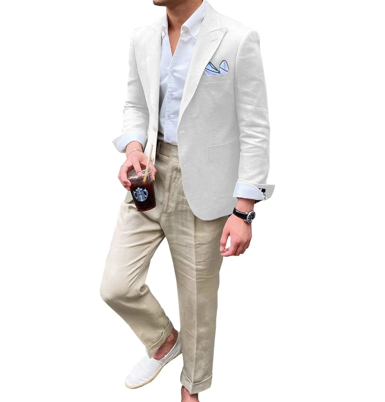 Summer Linen Men's Casual  Peak lapel Suit for Blazer