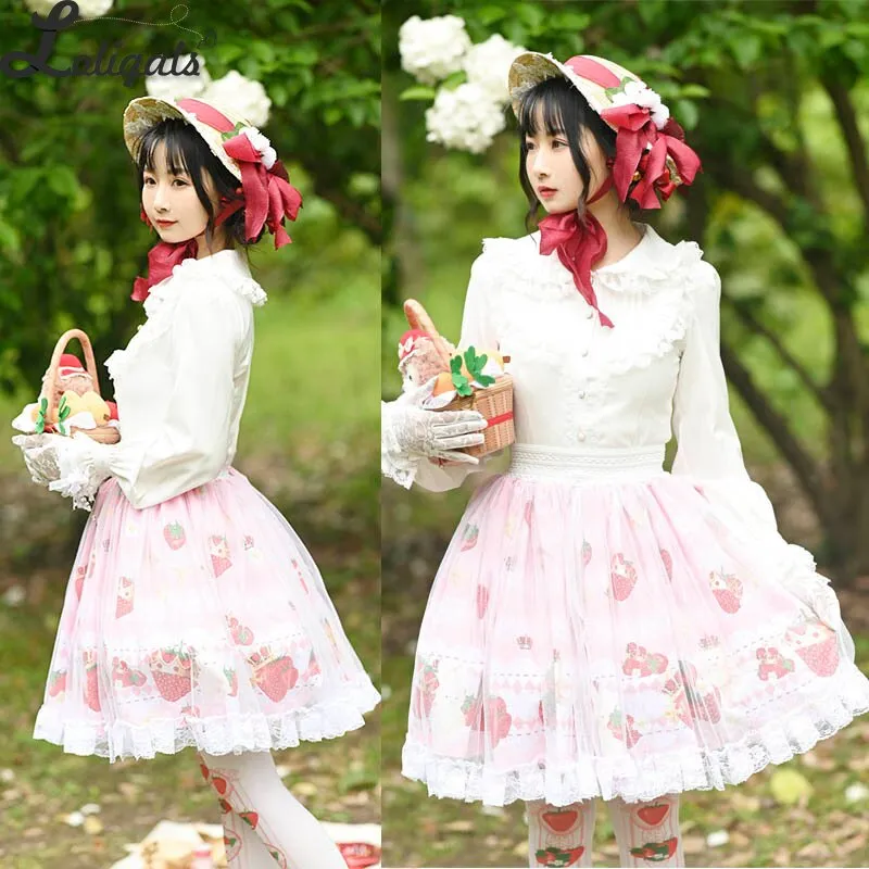 Sweet Short Pink Skirt Mori Girl Strawberry Printed A line Lolita Skirt