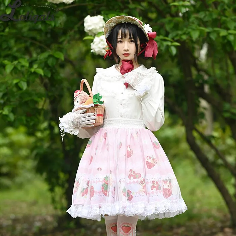 Sweet Short Pink Skirt Mori Girl Strawberry Printed A line Lolita Skirt