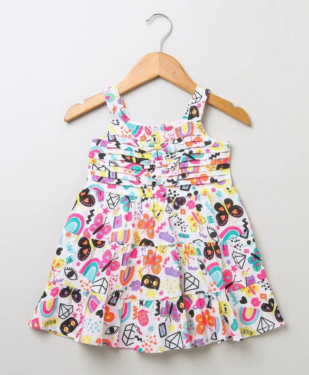 Sweetlime By AS Cat & Butterfly Printed Colourful Dress- White