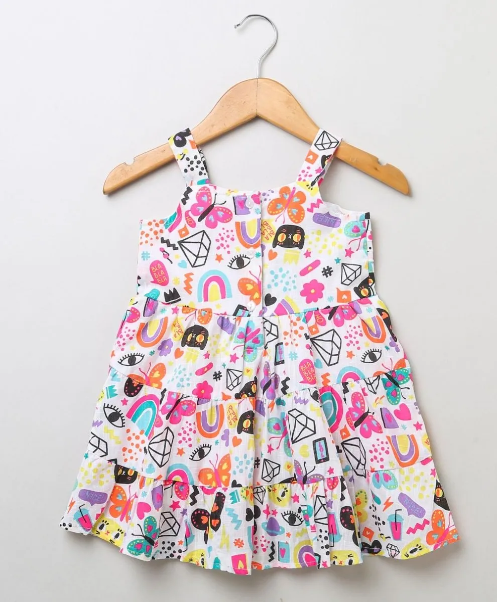 Sweetlime By AS Cat & Butterfly Printed Colourful Dress- White