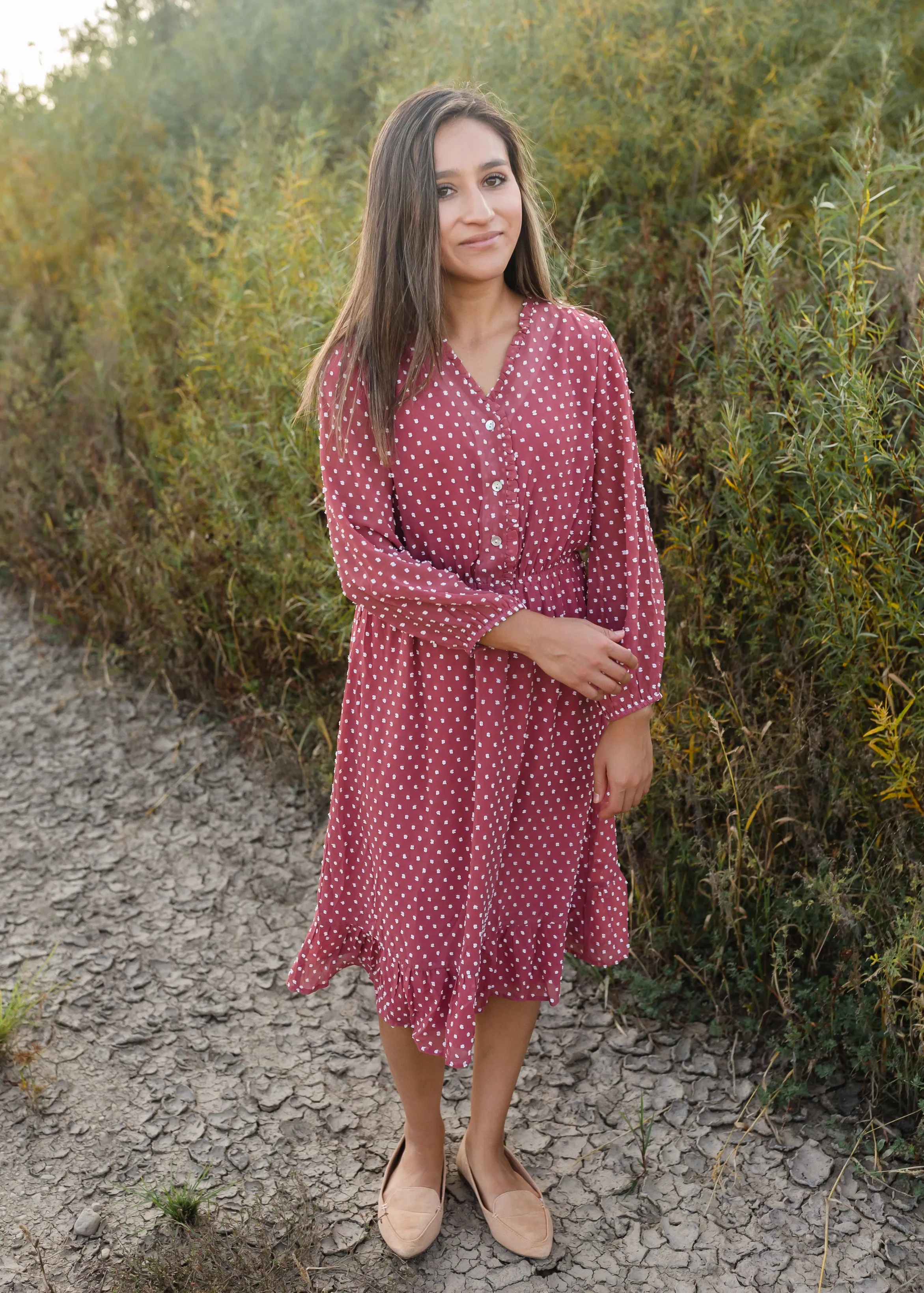 Swiss Dot Terracotta 3/4 Sleeve Midi Dress - FINAL SALE