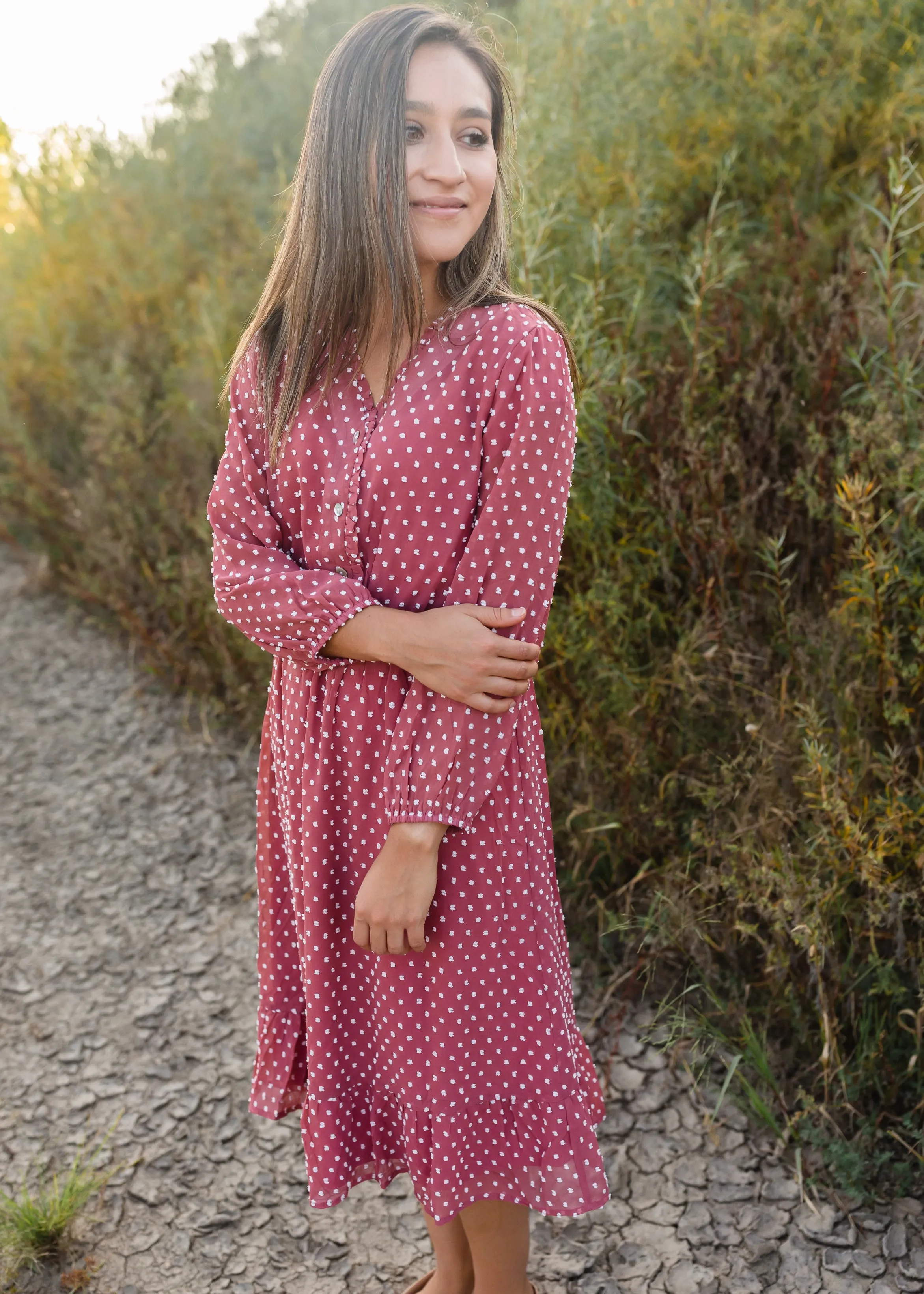 Swiss Dot Terracotta 3/4 Sleeve Midi Dress - FINAL SALE