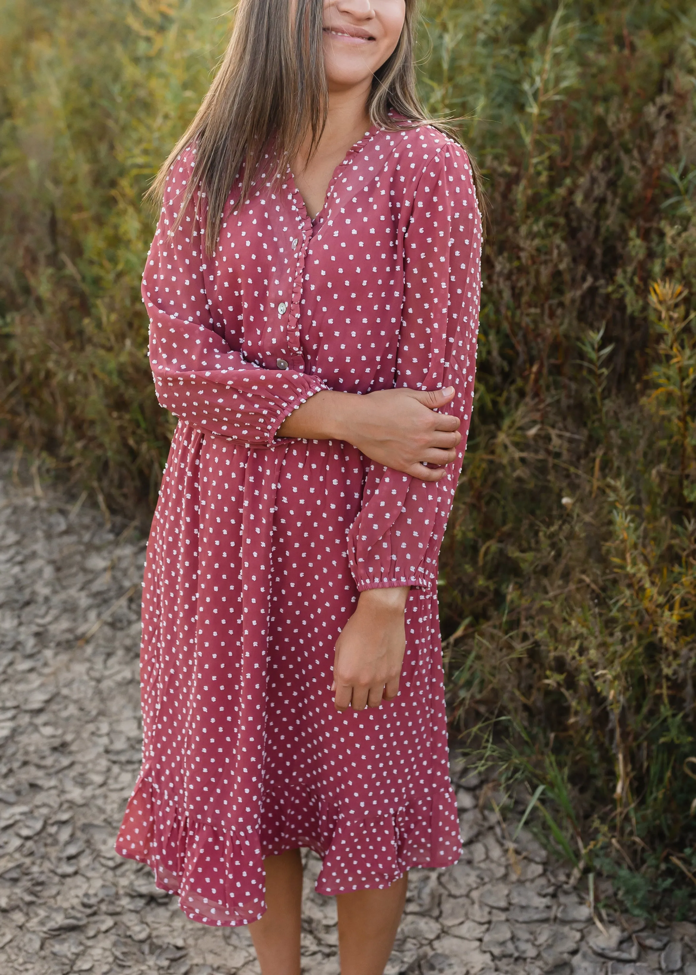 Swiss Dot Terracotta 3/4 Sleeve Midi Dress - FINAL SALE