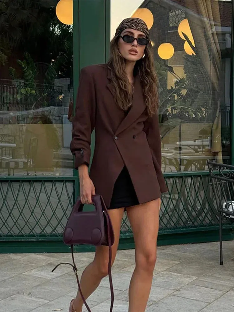 TAVIMART  -  Casual Brown Lapel With Pocket Jacket Woman Fashion Cuff Buttons Long Sleeve Blazer Coat 2024 Lady Autumn High Street Outwear