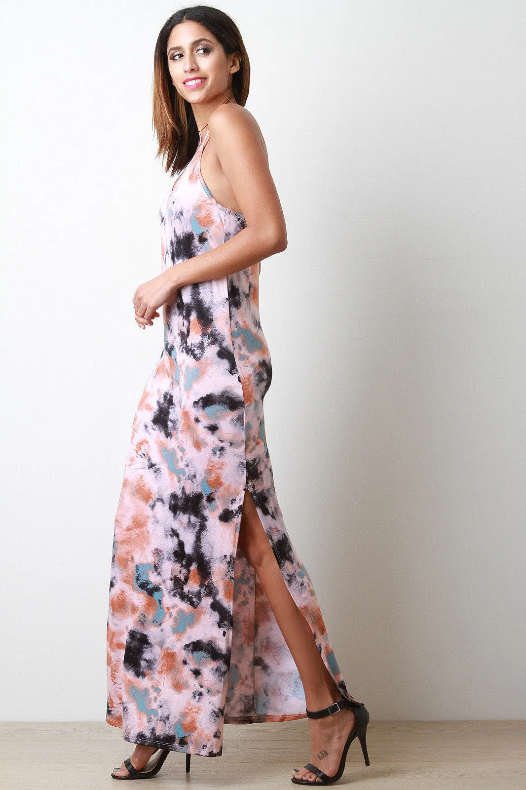 Tie Dye Deep V-Neck Slit Maxi Dress