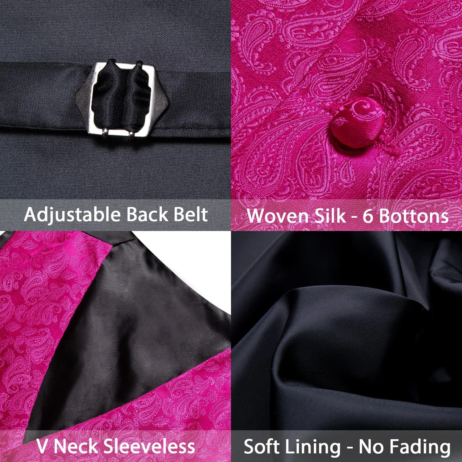 Ties2you Vest for Men Hot Pink Paisley Silk Button Dress Vest Tie Pocket Square Cufflinks Set