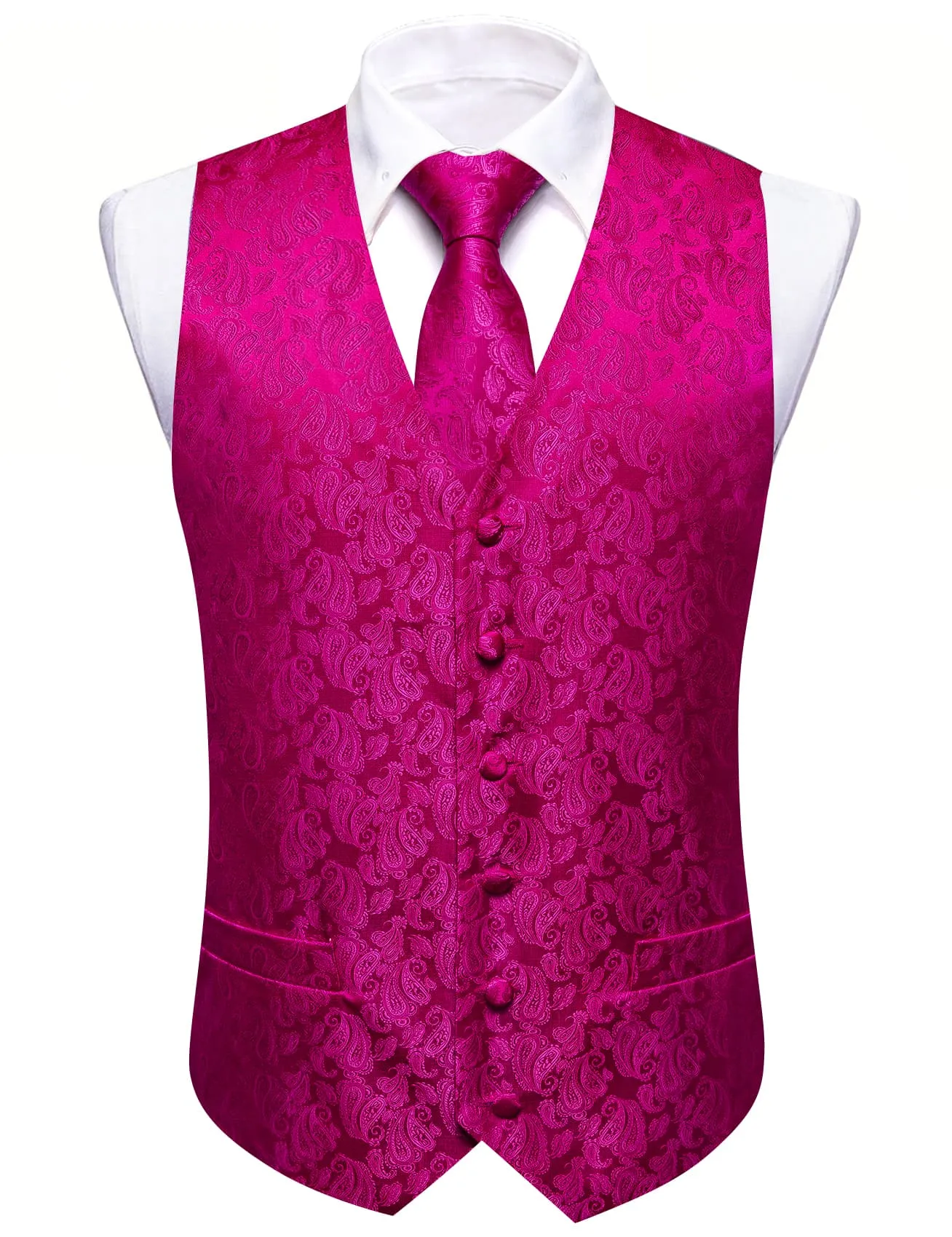 Ties2you Vest for Men Hot Pink Paisley Silk Button Dress Vest Tie Pocket Square Cufflinks Set