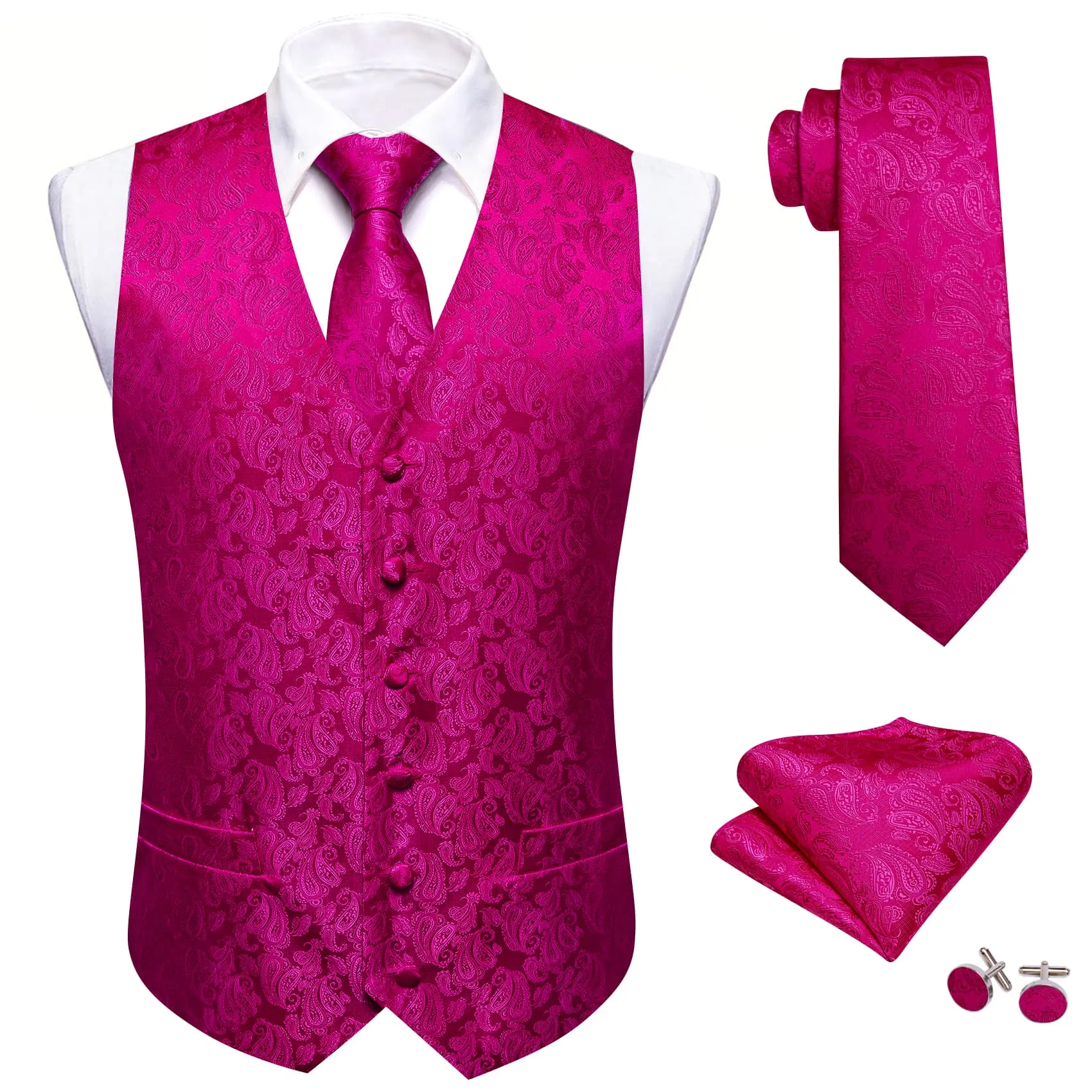 Ties2you Vest for Men Hot Pink Paisley Silk Button Dress Vest Tie Pocket Square Cufflinks Set