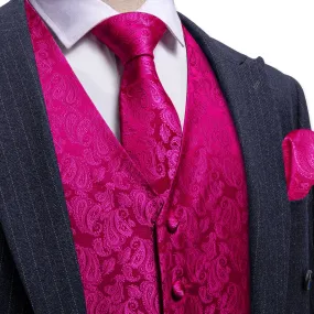 Ties2you Vest for Men Hot Pink Paisley Silk Button Dress Vest Tie Pocket Square Cufflinks Set