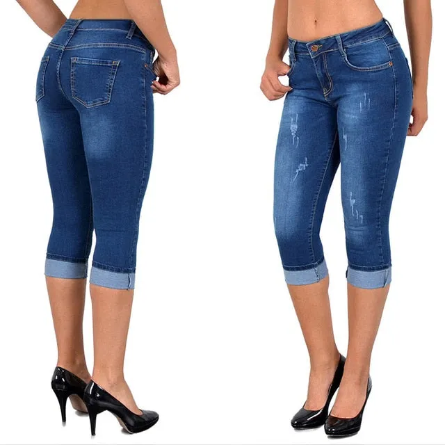 Trendy Capri Denim High Waist Stretch Jeans