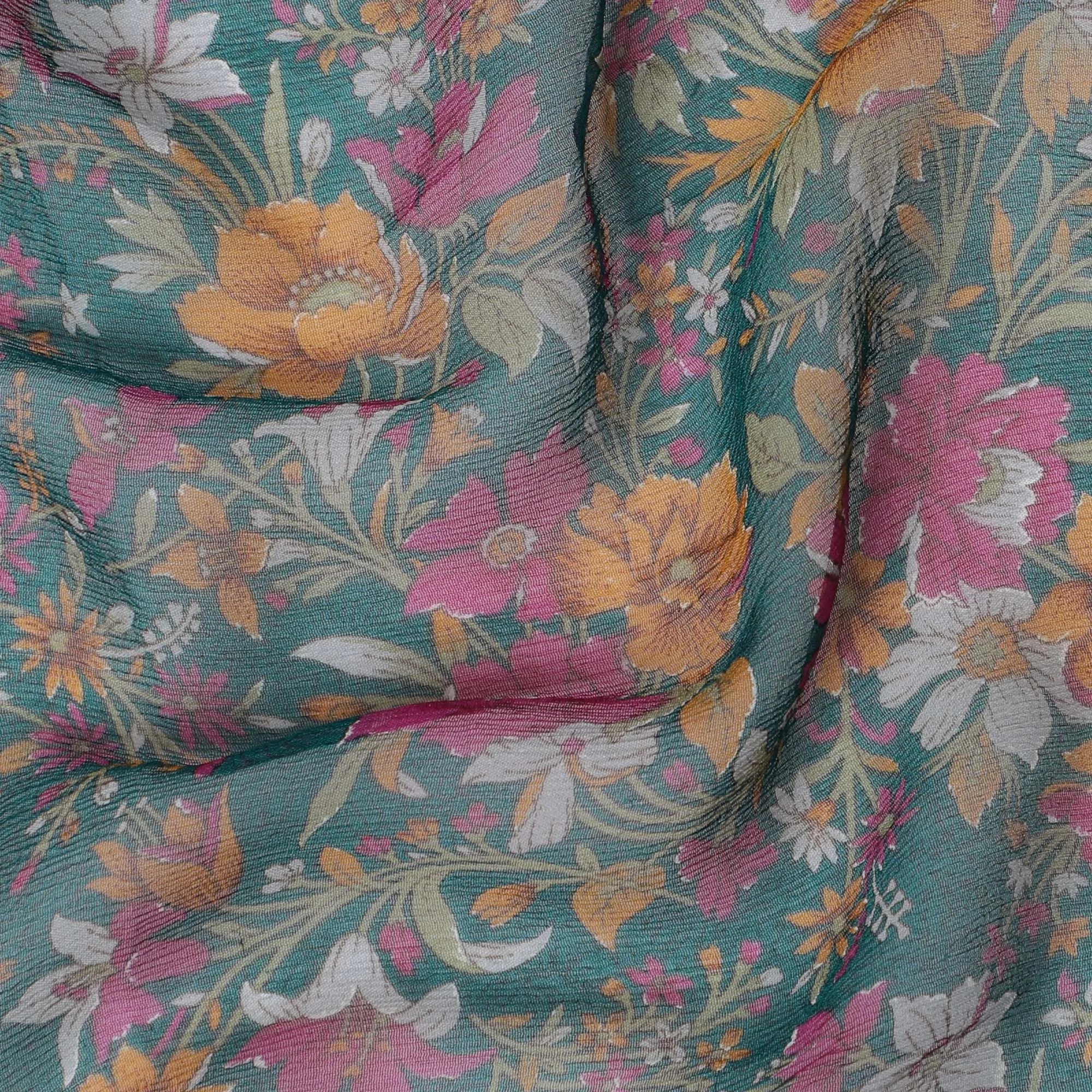 Tropical Green Garden Silk Chiffon Fabric - Vibrant Florals, 110cm Width - Shop Online for Exclusive Indian Textiles-D18172