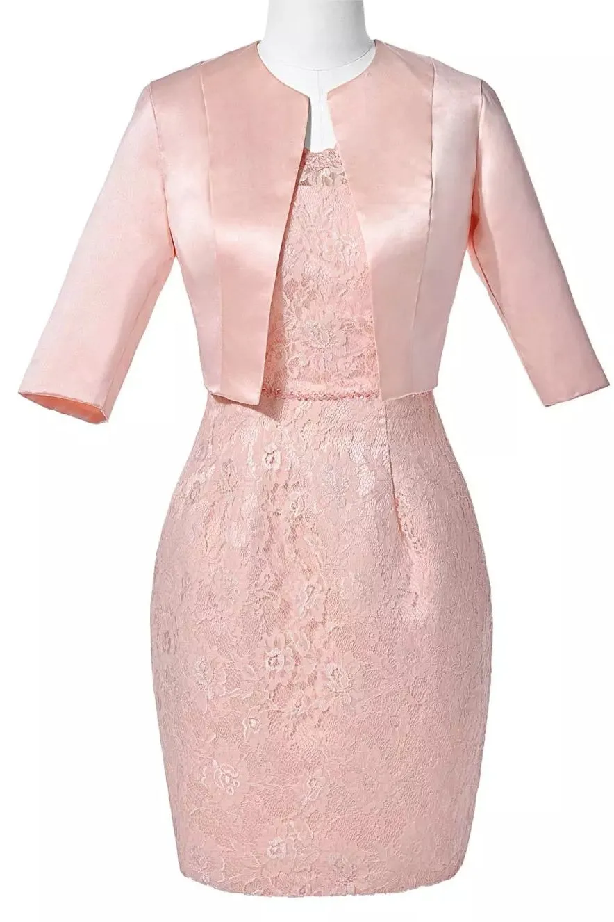 Two-Piece Blush Pink Lace Bodycon Short Mother of the Bride Dress