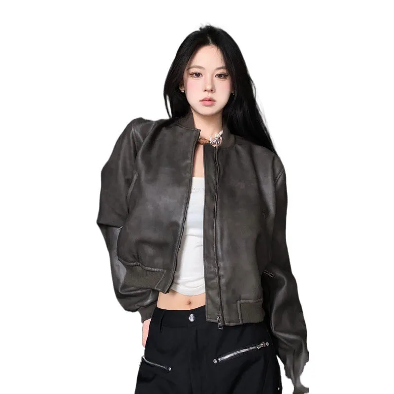 Uniwim bomber jacket American High Street Personalized Short Pu Leather Jacket Women's Spring and Autumn New Maillard Motorcycle Jacket Fashion