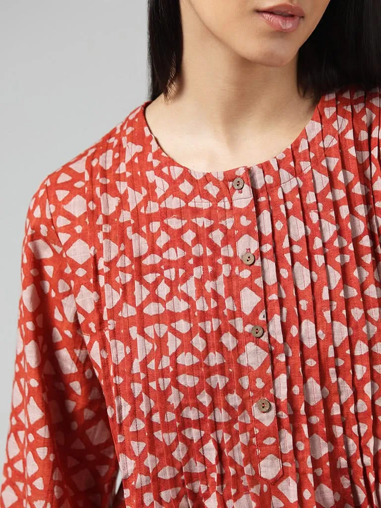 Utsa Orange Printed Cotton Pintuck Tunic