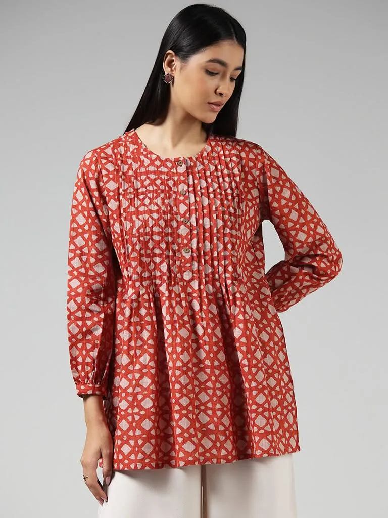 Utsa Orange Printed Cotton Pintuck Tunic