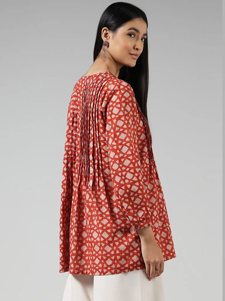 Utsa Orange Printed Cotton Pintuck Tunic